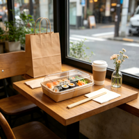 Boîte en papier série EP, plateau à sushi jetable en papier kraft, couvercle transparent en PET, empilable, pour restaurant et livraison de nourriture, vente en gros