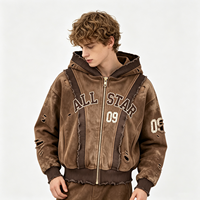 Dirty Spray Streetwear ALL STAR Sweat à capuche zippé marron délavé vintage avec bordure côtelée en coton épais pour homme