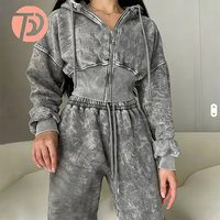 Set Hoodie 2 Potong Wanita Ukuran Plus Bahan Katun Fleece, Set Hoodie Crop Top Resleting dan Jogger Wanita Model Distressed Acid Wash