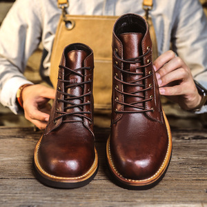 Botas de Hombre de Cuero Genuino Marrón con Cordones, Punta Redonda, Suela de Goma, Zapatos para Caminar de Otoño - Product Image 1