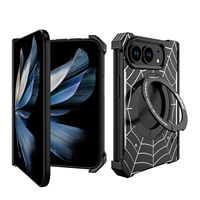 Coque de téléphone antichoc en métal motif toile d'araignée sans bordure pour iPhone Duo avec protection intégrale de la charnière, support magnétique rotatif et anneau de maintien