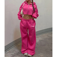 Ensemble de survêtement personnalisé de qualité avec logo imprimé, comprenant un pantalon de survêtement à jambes larges et un sweat à capuche court pour femmes