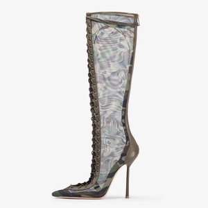 Bottes longues pour femme, grande taille 47, à lacets, avec découpes, en maille, pour l'été, à talons fins, à fermeture éclair latérale, coupe large - Product Image 1
