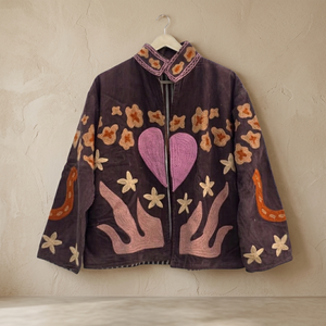Hand Embroidered Corduroy <b>Jacket</b> <b>Mandarin</b> <b>Collar</b> Full Sleeve Floral Pattern Pink Hearts Autumn Women's Coat Wholesale <b>Jackets</b> - Product Image 1