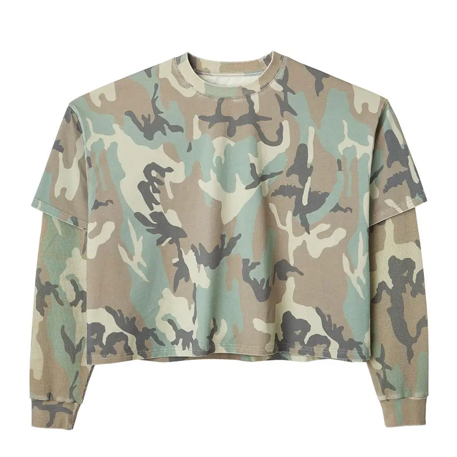 HUILIN Factory Custom Printed Tshirt Heavy Cotton Camo Tee Camouflage T Shirts Double Layer Long Sleeve T-shirt For Men