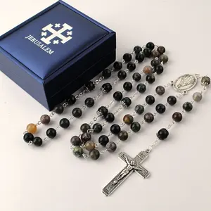 Catholic Religious Items Jewelry India Agate Natural Stone Beads Rosary Necklaces with Our Lady of Grace Medal pack in Gift Box