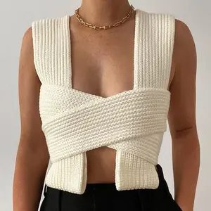 Grosir Sweater Rajutan Atasan Seksi Silang Balutan Tank Top Crop Bergaris untuk Wanita