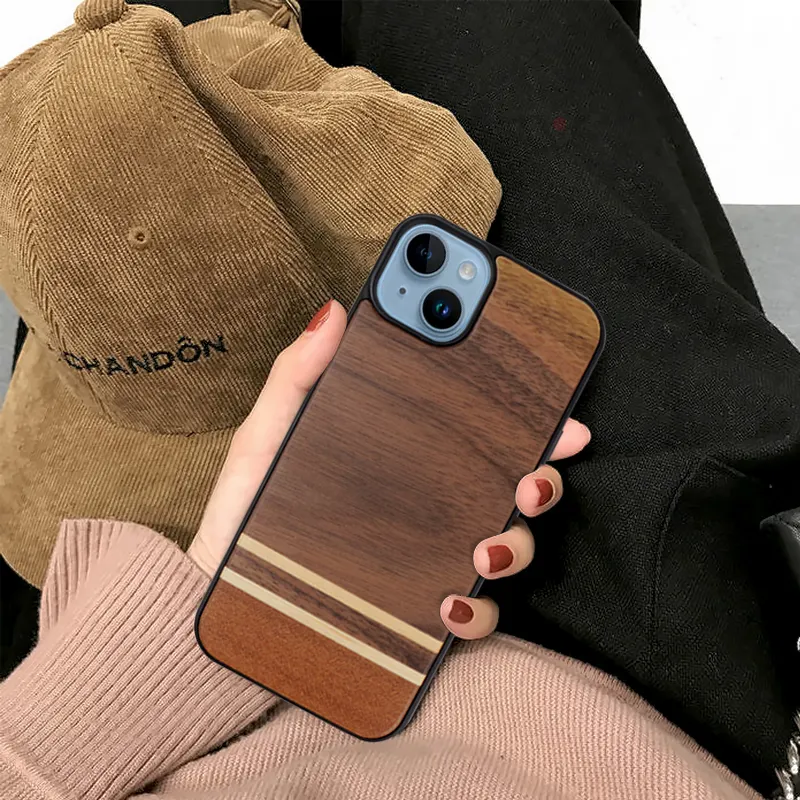 Sarung ponsel kayu keras TPU PC, pelindung kayu bambu Logo kustom untuk iPhone 15 Pro Max