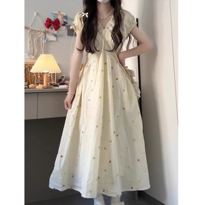 French Retro Puff Sleeve V-Neck Floral <b>Dress</b> <b>Elastic</b> Waist Breathable Daily Casual Maxi <b>Dress</b> For Women - Product Image 4