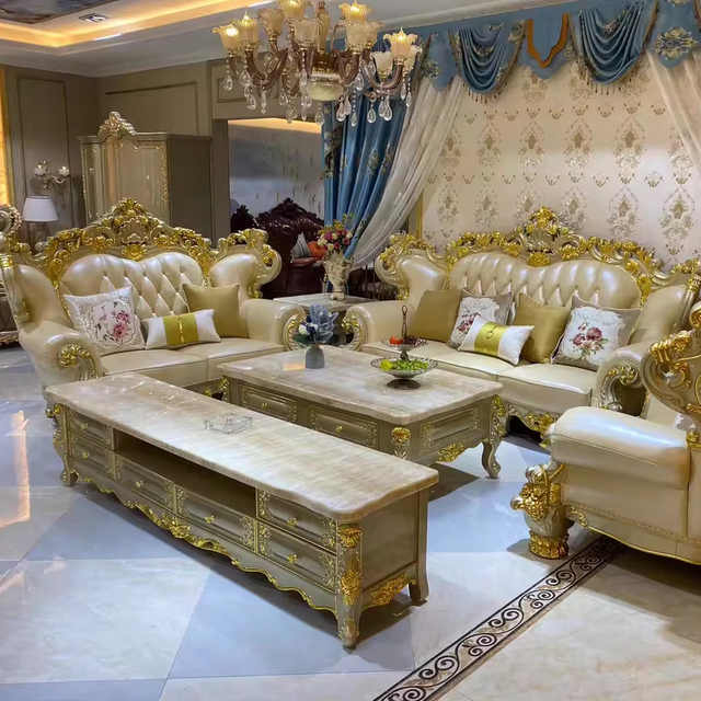 European Genuine Leather Sofa Set Combination Couches Sofa Living Room High Quality Light Luxury Solid Wood Carving Hotel Villa