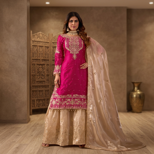 Fuchsia Embroidered Silk Traditional Suit <b>Kurta</b> with Beige Sharara and Dupatta <b>for</b> <b>Women</b> All Seasons - Product Image 1