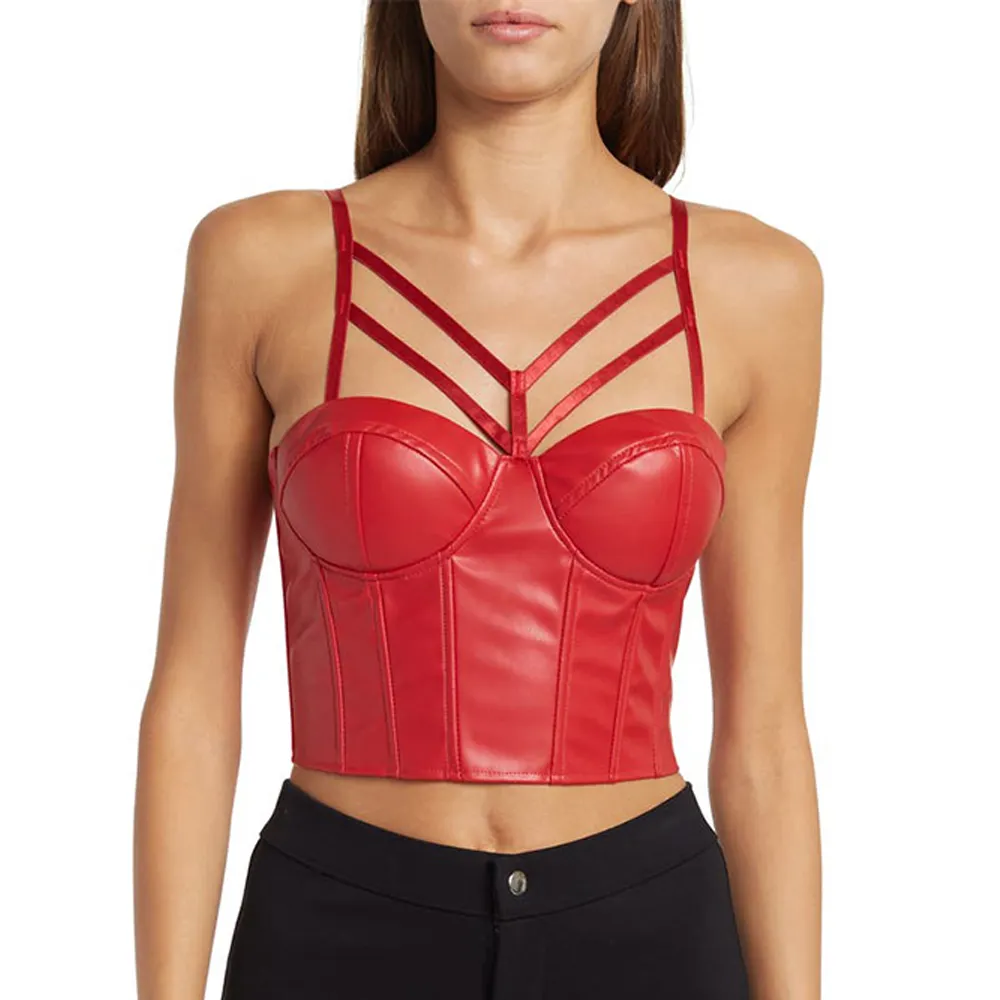 Alta qualidade personalizada cor pura minimalismo espartilho tops para as mulheres de couro bustier top colheita pu halter tops