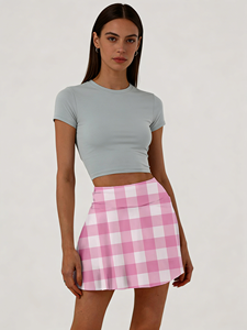 Falda de Tenis Ligera, Suave y Elástica, de Punto, con Estampado de Cuadros Rosa, Hasta la Rodilla, para Golf y Uso Diario - Product Image 4