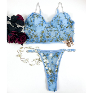 Set Lingerie con dettagli floreali in 2 pezzi da donna mutandine regolabili a catena reggiseno con cinturini in pizzo disponibili rosso nero blu Beige-OEM fornitore - Product Image 5