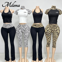 Ensemble Y2K MILADY pour femme : Haut licou imprimé zèbre et pantalon évasé à revers, avec bandeau assorti imprimé guépard – Ensemble deux pièces