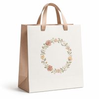 Sac cadeau en papier avec logo personnalisé, motif floral blanc, poignée en satin doré, emballage pour mariage, boutique, cosmétiques, vêtements