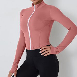 FOXA Women's Cropped Workout Jacket Long Sleeve Fitted Polyester Athletic Yoga Running Pullover With <b>Thumb</b> Hole - Product Image 2