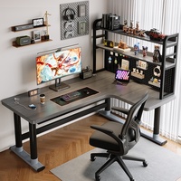Bureau d'ordinateur d'angle en bois massif en forme de L avec étagère intégrée pour bureau à domicile, chambre de jeu ou bureau double
