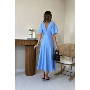 Robe midi bleue à col en V, coupe trapèze, taille naturelle, en popeline tissée respirante, pour usage quotidien décontracté - Product Image 1