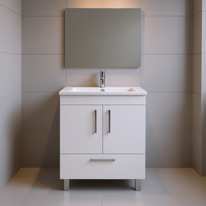 White Rectangle Bathroom <b>Vanity</b> 2-Door Floor Standing Modern Minimalist Design Ceramic Basin MDF Painted Finish - Product Image 2
