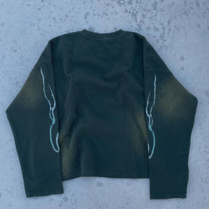 เสื้อยืดโอเวอร์ไซส์พิมพ์ลายดิจิทัลแบบกำหนดเอง สีเขียวเข้มสไตล์วินเทจ แขนยาว ผ้าวาฟเฟิล สำหรับผู้ชาย - Product Image 2