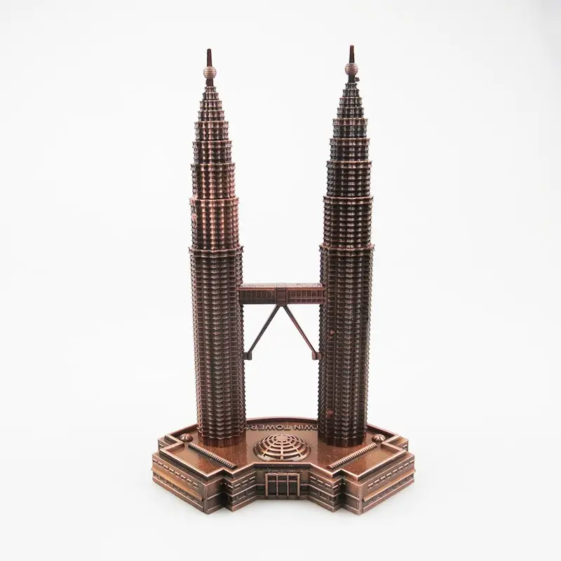 말레이시아 쿠알라 룸푸르 트윈 타워 금속 건축 모델 장식 창조적 인 경치 공예 관광 기념품 졸업 선물