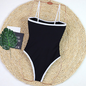 Maillot de bain une pièce pour femme, bandeau contrastant, doubles fines bretelles spaghetti, coupe haute, pour la plage, OEM ODM - Product Image 6