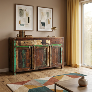 Buffet de rangement traditionnel en bois massif, style antique, avec 3 tiroirs, idéal pour les salons/salles à manger de style farmhouse ou d'hôtel, fait main - Product Image 1