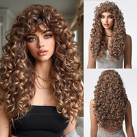 Perruque synthétique longue bouclée blond doré clair, brun, noir avec frange, en fibre résistante à la chaleur, pour usage quotidien, fibre haute température