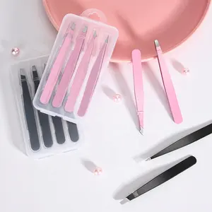 Pinces à épiler cosmétique personnalisées, outil incliné, noir, rose, branches pointues, pour cils, sourcils, ensemble avec étui, 2 pièces, 4 pièces