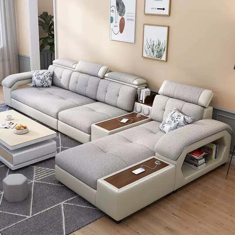 Set Sofa Bentuk L Bagian Mewah USB Pengisi Daya Audio Putih Ruang Tamu Sofa Mebel Gaya Amerika Modern Sofa