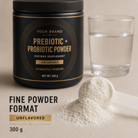 Poudre prébiotique et probiotique en gros 300g, complément synbiotique sans saveur avec emballage personnalisé en pot et en sachet