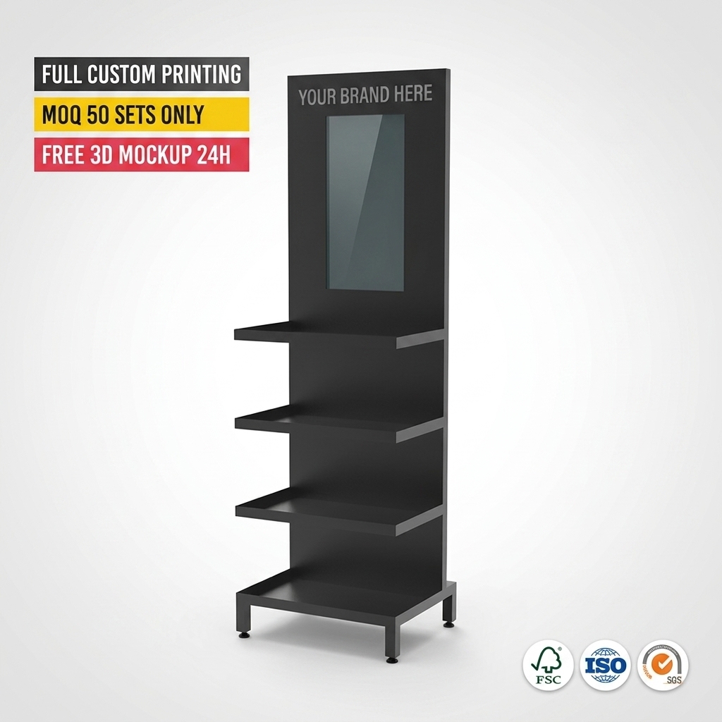 Wholesale Custom 4 Tier Floor Standing Metal Cosmetic Display Stand Retail Beauty Skin Care Display Rack with Branding Header — view 1