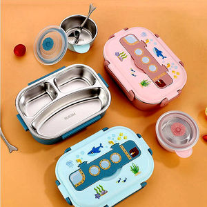 Atacado 3 apertos food grade segurança em aço inoxidável 304 cartoon tema fácil limpeza sopa tigela crianças bento lancheira para crianças - Product Image 1