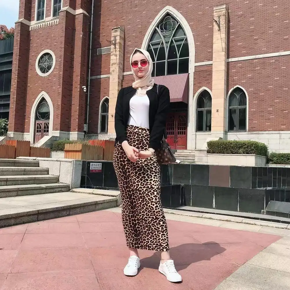 2019 Fashion Panjang Yang Indah Pensil Rok Rajut Muslim Wanita Kasual Sehari-hari Macan Tutul Cetak Setengah Gaya Rok