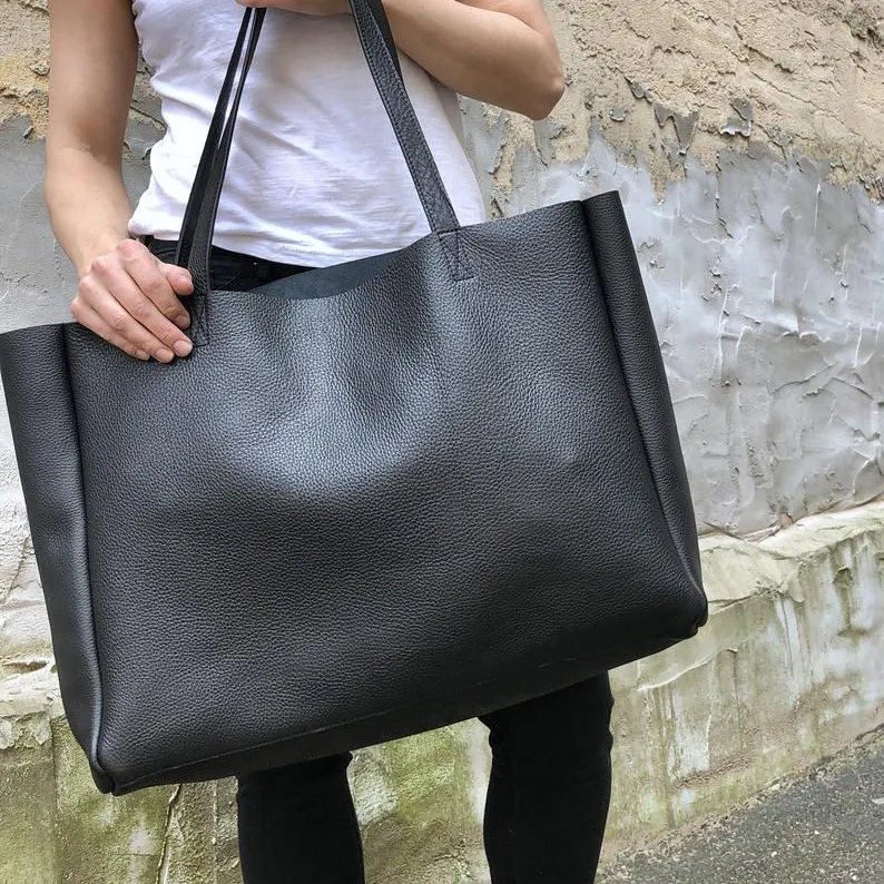 Custom Oversized Extra Large Black Genuine Leather Tote Bag