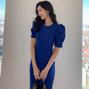 Droma 2026 Nuova Collezione: Elegante Abito da <span class=keywords><strong>Donna</strong></span> <span class=keywords><strong>Blu</strong></span> Scuro con Collo Tondo, Maniche Corte e Lacci, per Ufficio - Product Image 2