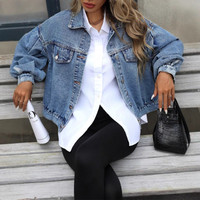 Veste en jean courte à manches bouffantes surdimensionnées pour femmes