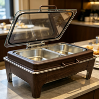 Plat de service réchaud en acier inoxydable de qualité alimentaire, motif grain de bois, avec couvercle en verre trempé, design rétro, grande capacité, pour buffet