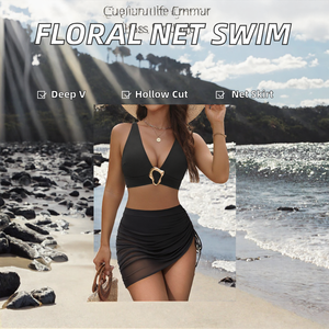 Women <b>Bikini</b> <b>Set</b> Deep V Neck Swim <b>Skirt</b> Ruched Asymmetric Two Piece Bathing Suit Wholesale Rate OEM Cheap Price Breathable - Product Image 2