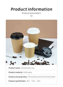 Vaso de Papel Kraft de Pared Simple, Desechable, Biodegradable, para Bebidas Calientes y Frías, con Tapa, Tamaño/Logotipo Personalizado, 6/9/12/14/16 oz - Product Image 4