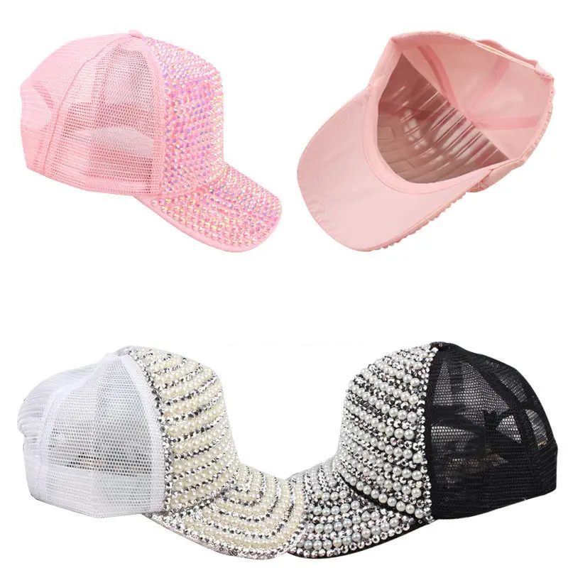 Gorra de cola de caballo con purpurina para verano, gorras de béisbol deportivas de malla con diamantes de imitación brillantes ajustables