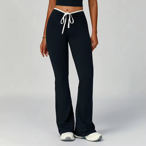 Legging de yoga évasé taille haute à contraste de couleurs personnalisé, extensible dans les 4 sens, avec cordon de serrage plié, effet push-up et évacuation de l'humidité - Product Image 3