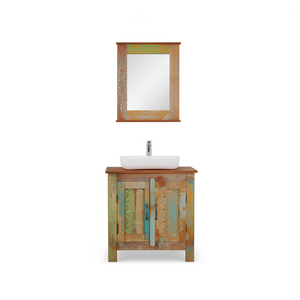 Meuble de salle de bain multicolore avec miroir, vasque en céramique, design rectangulaire, sur pied, en bois rustique, 32-34 pouces - Product Image 1