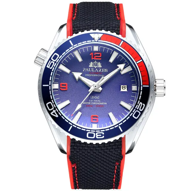 Paulareis 2020 New Aliexpress Men Automatic Mechanical Canvas Rubber Strap Style Orange Blue Red Rotatable Bezel Classic Watch