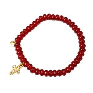 <b>Red</b> Beaded <b>Bracelet</b> With Gold Cross Charm 316L Stainless Steel PVD Gold Plating Sustainable Resistant Fashion Jewelry - Product Image 1