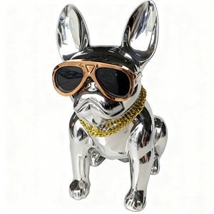 تمثال كلب بولدوج فرنسي من الفولاذ المقاوم للصدأ مع نظارات شمسية وسلسلة ذهبية، تمثال حيوان أليف رائع بحجم مخصص - Product Image 1