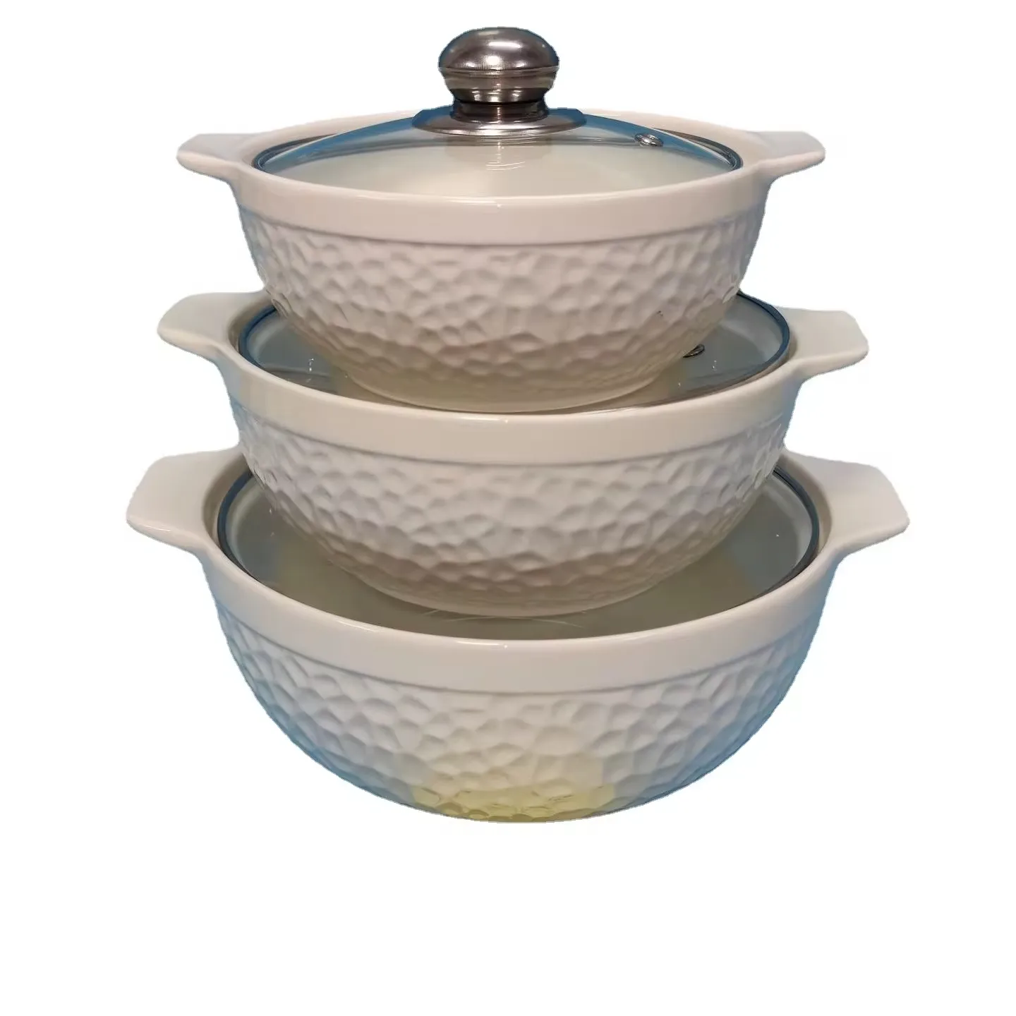 Caçarola de sopa com tampa, conjunto de panelas circulares de cerâmica branca, 3 tamanhos mais vendidos