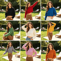 Damen Schwarzer Flauschiger Nerz-Strickpullover Rundhals Crop-Top mit Tiefer Schulterpartie Hohe Taille Tägliches Reise- und Pendler-Oberteil Gestrickter Pullover