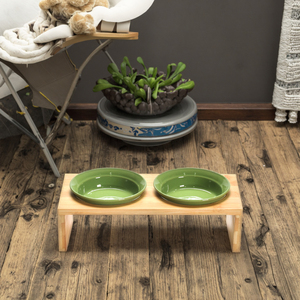 Bình nước gốm đôi nâng cao chống trơn trượt thân thiện với môi trường cho thú cưng, có khung gỗ, có thể tháo rời - Product Image 1